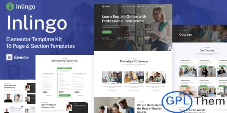 Inlingo – Professional English Course Elementor Template Kit Inlingo is a modern and professional Elementor Template Kit designed for English courses, language schools, and online language learning programs. With 18 expertly crafted templates and a fully responsive layout, Inlingo allows you to showcase courses, class schedules, instructor profiles, and student testimonials effectively.