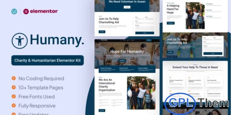 Humany – Charity Elementor Pro Template Kit Humany is a professionally crafted Elementor Pro Template Kit designed specifically for charity, nonprofit, fundraising, and donation websites. With its clean, modern design and thoughtfully arranged layouts, this kit helps you create a meaningful and impactful online presence with ease.