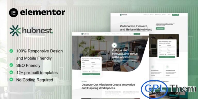 Hubnest – Coworking Space & Virtual Office Elementor Pro Template Kit Hubnest is a modern and professional Elementor Pro Template Kit designed for coworking spaces, virtual office providers, and flexible workspace businesses. With its clean and minimal layout, this kit helps you create a high-quality website that showcases shared offices, private cabins, dedicated desks, meeting rooms, and event spaces.