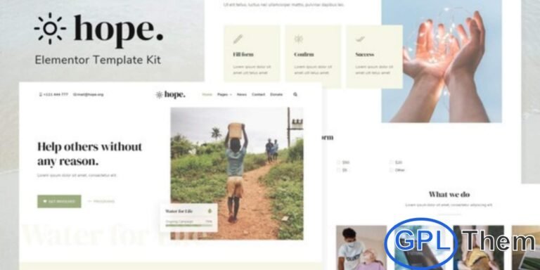 Hope – Non-Profit Elementor Template Kit Hope is a clean and modern Elementor Template Kit designed to help non-profit organizations, charities, and community projects build a professional website quickly and easily. Built with the Elementor Page Builder, this kit allows effortless customization with drag-and-drop functionality—no coding required.