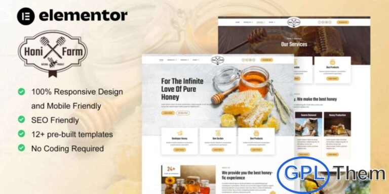 HoniFarm – Honey Bee Farm Elementor Template Kit HoniFarm is a beautifully designed Elementor Template Kit crafted for honey bee farms, beekeeping services, and organic farm businesses. Featuring 12+ pre-built templates with a clean, modern, and professional style, this kit makes it easy to create a fully functional website without any coding.