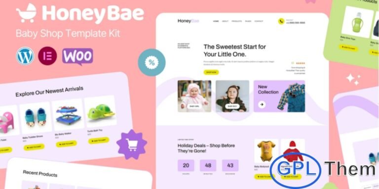 HoneyBae – Baby Shop Ecommerce Elementor Pro Template Kit HoneyBae is a modern and adorable Elementor Pro Template Kit designed specifically for baby and children’s product stores. This kit helps you create a charming, professional, and user-friendly online store effortlessly using the Elementor Page Builder.