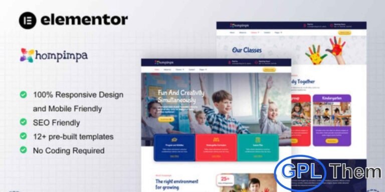 Hompimpa – Kindergarten & Child Care Elementor Template Kit Hompimpa is a vibrant and modern Elementor Template Kit designed for kindergartens, daycare centers, playgroups, and other child care services. With its clean, fun, and colorful layout, this kit provides an engaging and friendly online presence that appeals to parents and children alike.