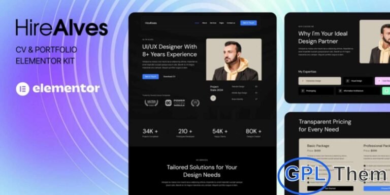 HireAlves – CV & Portfolio Elementor Template Kit HireAlves is a sleek and modern Elementor Template Kit designed for professionals, freelancers, designers, and entrepreneurs who want to showcase their resumes, portfolios, and skills online. With a clean, fully responsive layout, HireAlves ensures your personal brand looks professional on all devices.