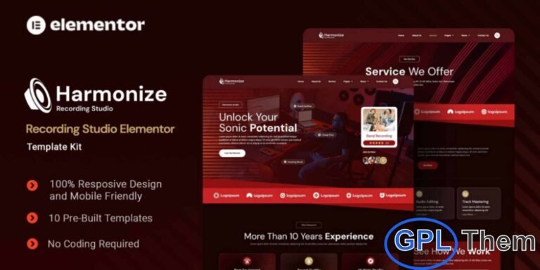 Harmonize – Recording Studio Elementor Template Kit Harmonize is a modern and fully responsive Elementor Template Kit designed for recording studios, music producers, and audio professionals. Perfect for creating a professional website, this kit allows you to showcase your studio services, music projects, team, and client testimonials with ease.