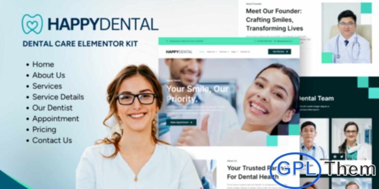 Happy Dental – Dental Care Service Elementor Template Kit Happy Dental is a modern and fully responsive Elementor Template Kit designed specifically for dentists, dental clinics, and dental labs. This kit provides a professional and visually appealing solution to create a WordPress website effortlessly using Elementor.