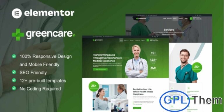 GreenCare – Medical Services Elementor Pro Template Kit GreenCare is a professionally designed Elementor Pro Template Kit crafted specifically for medical services and healthcare websites. Featuring 12+ pre-built templates with a clean, modern, and professional layout, this kit makes it easy to build a polished online presence for clinics, hospitals, medical centers, doctors, and healthcare companies.