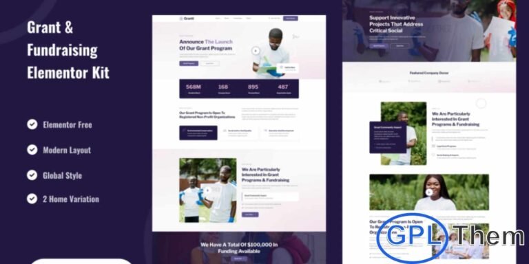 Grant & Fundraising – Elementor Template Kit Grant & Fundraising is a professionally designed Elementor Template Kit created to help you build a clean, modern, and impactful fundraising or grant-related website with ease. Built to work seamlessly with the free version of Elementor, this template kit offers a polished layout that looks great across all devices.