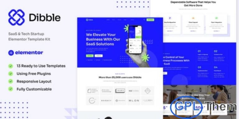 Dibble – SaaS & Tech Startup Elementor Template Kit Dibble is a modern Elementor Template Kit designed specifically for SaaS companies, tech startups, software services, and other technology-driven businesses. Featuring a clean, professional design and a fully responsive layout, Dibble ensures your website looks perfect on all devices. This kit is easy to customize using Elementor, requiring no coding knowledge, making it accessible for anyone.