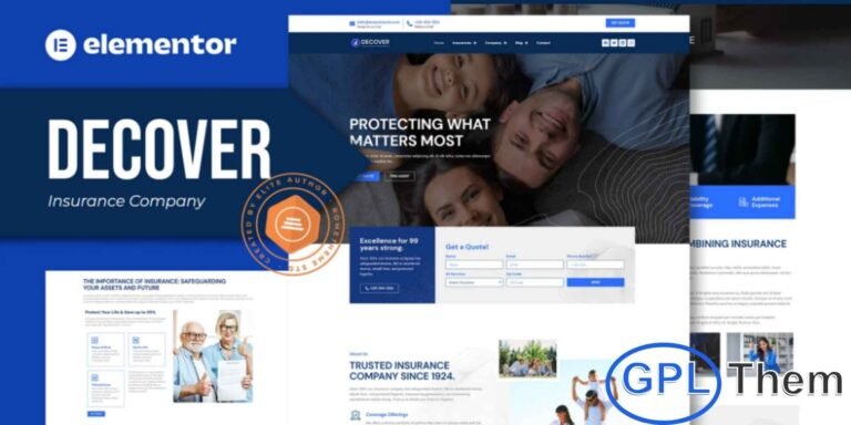 Decover – Insurance Company Elementor Pro Template Kit Decover is a modern and professional Elementor Pro Template Kit designed specifically for insurance companies, financial firms, and business service providers. It offers a clean, trustworthy layout that helps you present insurance plans, services, policies, and company credibility with confidence. Built entirely with Elementor Pro, Decover allows effortless customization through a visual drag-and-drop interface—no coding skills required.
