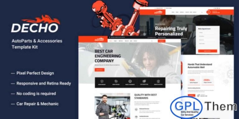 Decho – Car Repair Mechanic Elementor Template Kit Decho is a modern and professional Elementor Template Kit designed specifically for car repair workshops, auto service centers, mechanics, and automotive service companies. It features a clean, eye-catching layout that helps showcase your services, expertise, and customer trust effectively. Built with Elementor, Decho allows you to create a powerful online presence using an intuitive drag-and-drop editor with no coding required.