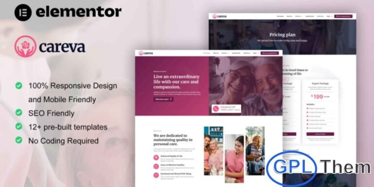 Careva – Senior Care Services Elementor Pro Template Kit Careva is a professional Elementor Pro Template Kit designed for creating modern websites for senior care services. Perfect for businesses in elderly care, nursing, retirement homes, medical services, and home care solutions, this kit provides a clean and user-friendly design. With Careva, you can showcase services, staff, facilities, and client testimonials effortlessly.