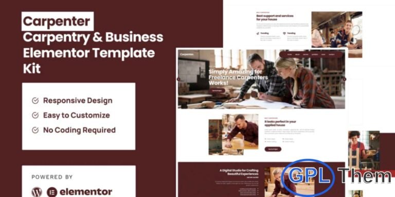 Carpenter – Business Elementor Pro Template Kit Carpenter is a professional Elementor Pro Template Kit designed to help you quickly build a modern business website using the Elementor Page Builder for WordPress. Ideal for carpentry businesses, woodworking services, and craftsmanship-related companies, this template kit provides a clean and functional design to showcase your services, team, and projects.