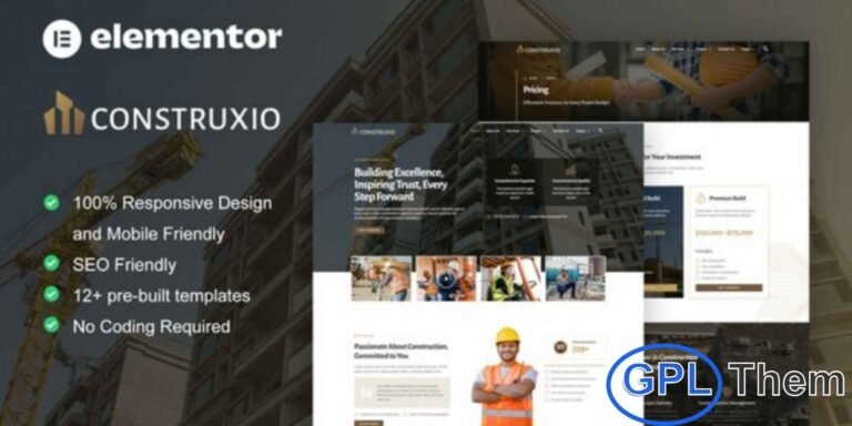 Construxio – Construction & Building Company Elementor Pro Template Kit Construxio is a professional Elementor Template Kit designed for construction and building service websites. Ideal for construction companies, architecture firms, industrial services, manufacturing, and mechanical businesses, this kit helps you create a modern and trustworthy online presence with ease.