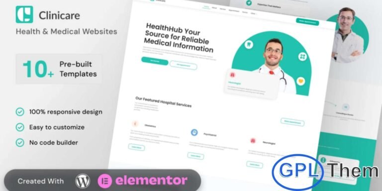 Clinicare – Health & Medical Elementor Template Kit Clinicare is a professional Elementor Template Kit designed for health and medical websites. Perfect for clinics, hospitals, doctors, and healthcare providers, it allows you to build a fully responsive and functional website quickly and easily.