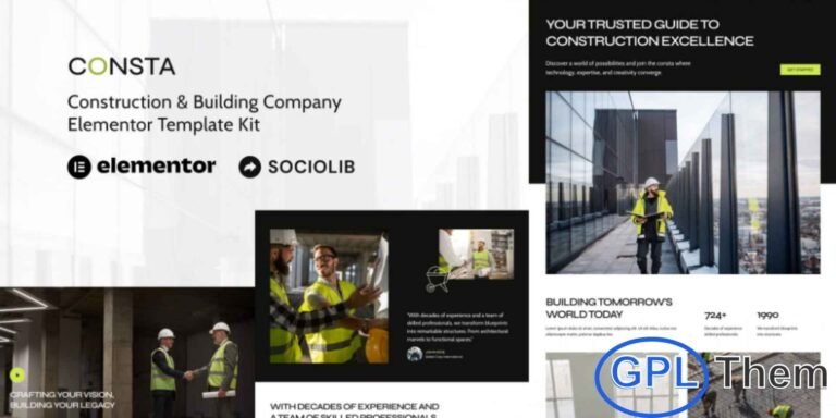 Consta – Construction & Building Company Elementor Template Kit Consta is a professional and SEO-friendly Elementor Template Kit designed to help you quickly build a modern Construction & Building Company website using WordPress and the Elementor Page Builder. It is perfectly suited for construction firms, building companies, architecture studios, industrial and manufacturing businesses, renovation services, engineering companies, and property development projects.