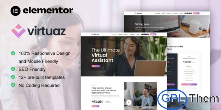 Virtuaz – Virtual Assistant Business Elementor Template Kit Virtuaz is a modern and creative Elementor Template Kit designed for Virtual Assistant businesses and remote service providers. With 12+ pre-built templates featuring a clean, professional, and modern design, it’s perfect for quickly creating a fully responsive website.