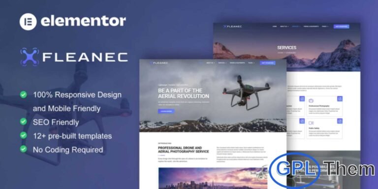 Fleanec – Aerial Photography & Videography Elementor Template Kit Fleanec is a premium Elementor Template Kit designed for aerial photography, drone videography, and professional filming services. Ideal for creative agencies and drone operators, this kit helps you build a visually stunning and highly functional website without coding.