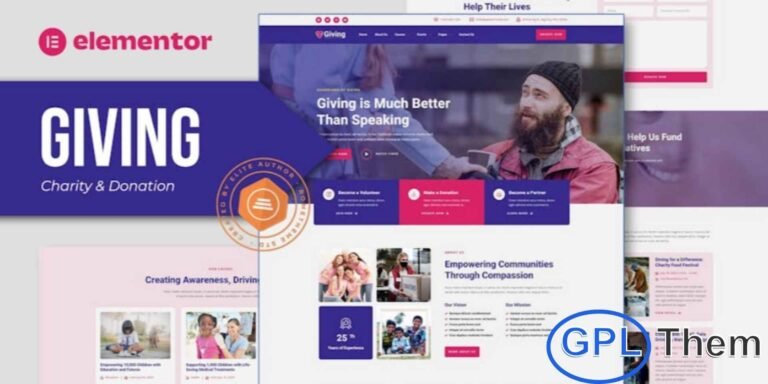 Giving – Charity & Donation Elementor Template Kit Giving is a modern Elementor Template Kit crafted specifically for charity and donation websites. Perfect for NGOs, non-profit organizations, foundations, fundraising campaigns, religious groups, and donation events, this template kit provides a professional and engaging online presence.