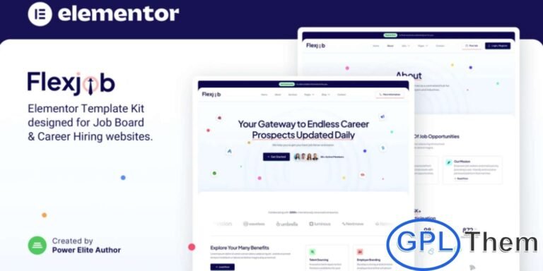 Flexjob – Job Board & Vacancies Elementor Template Kit Flexjob is a modern, clean, and fully responsive Elementor Template Kit designed for job boards, recruitment agencies, HR service providers, and employment platforms. With a sleek and professional layout, this kit makes it easy to build a high-quality website that showcases job listings, hiring services, and recruitment solutions.