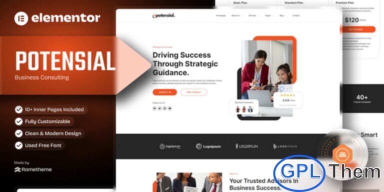 Potensial – Business Consulting Elementor Template Kit Potensial is a modern and professionally designed Elementor Template Kit tailored for business consulting websites. Perfect for corporate firms, finance advisors, marketing agencies, and online business courses, this kit provides a complete set of templates to help grow your business online. With a clean, unique, and fully responsive design, Potensial ensures your website looks professional on all devices.
