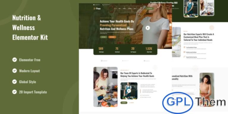 Poso – Personalized Nutrition & Wellness Elementor Template Kit Poso is a modern and versatile Elementor Template Kit designed for nutritionists, wellness coaches, dietitians, and health-focused businesses. Perfect for creating a professional website that showcases personalized nutrition plans, wellness programs, and health services, Poso features a clean, modern design optimized for user experience.