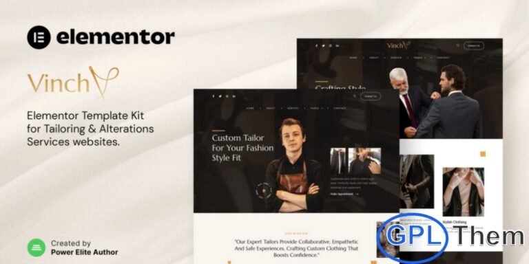 Vinch – Professional Tailoring & Alterations Services Elementor Template Kit Vinch is a sleek and modern Elementor Template Kit designed for professional tailoring, alterations, fashion services, and garment businesses. With a clean and stylish layout, this kit makes it easy to create a polished online presence that showcases your expertise in fashion and tailoring.