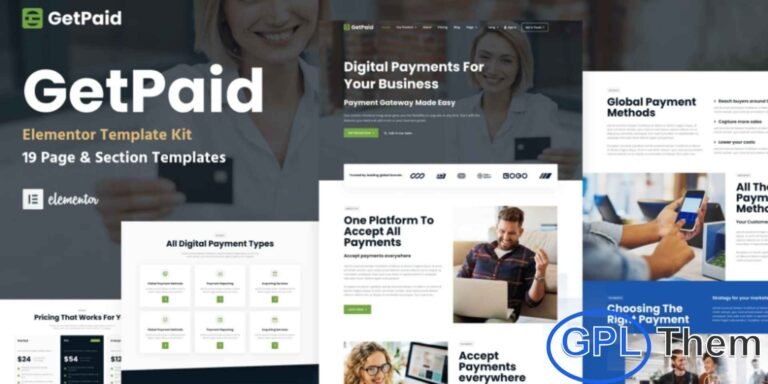 GetPaid – Payment Gateway & Fintech Service WordPress Elementor Template Kit GetPaid is a premium Elementor Template Kit crafted for payment gateways, fintech platforms, online transaction services, and global money transfer solutions. Designed to help you build a professional, high-converting website with ease, this kit offers clean layouts and powerful fintech-focused sections that highlight your services effortlessly.