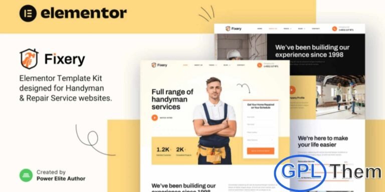 Fixery – Handyman & Repair Services Elementor Template Kit Fixery is a modern and clean Elementor Template Kit crafted for professionals in the home repair and maintenance industry. Perfect for handymen, plumbers, electricians, and a wide range of repair service providers, this kit helps you build a polished and trustworthy website with ease. Featuring a stylish and unique design, Fixery offers a fully responsive and retina-ready layout that delivers a seamless user experience across all devices.