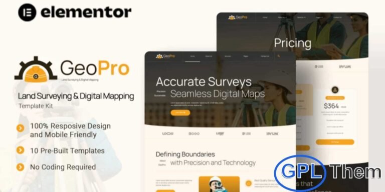 Geopro – Land Surveying & Digital Mapping Elementor Template Kit Geopro is a professionally designed Elementor Template Kit tailored for businesses in land surveying, digital mapping, and geospatial services. Ideal for Land Surveyors, Geospatial Analysts, Construction Survey Firms, and companies delivering accurate land measurement and mapping solutions, this kit helps you build a strong, credible online presence.