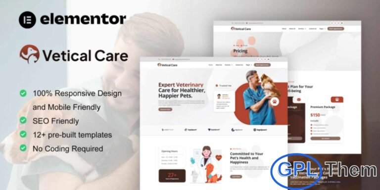 VeticalCare – Veterinary & Pet Care Elementor Pro Template Kit VeticalCare is a modern Elementor Pro Template Kit designed specifically for veterinary clinics and pet care businesses. Perfect for showcasing services like veterinary care, pet daycare, grooming salons, pet centers, and hospitals, this kit provides a professional online presence for your business.