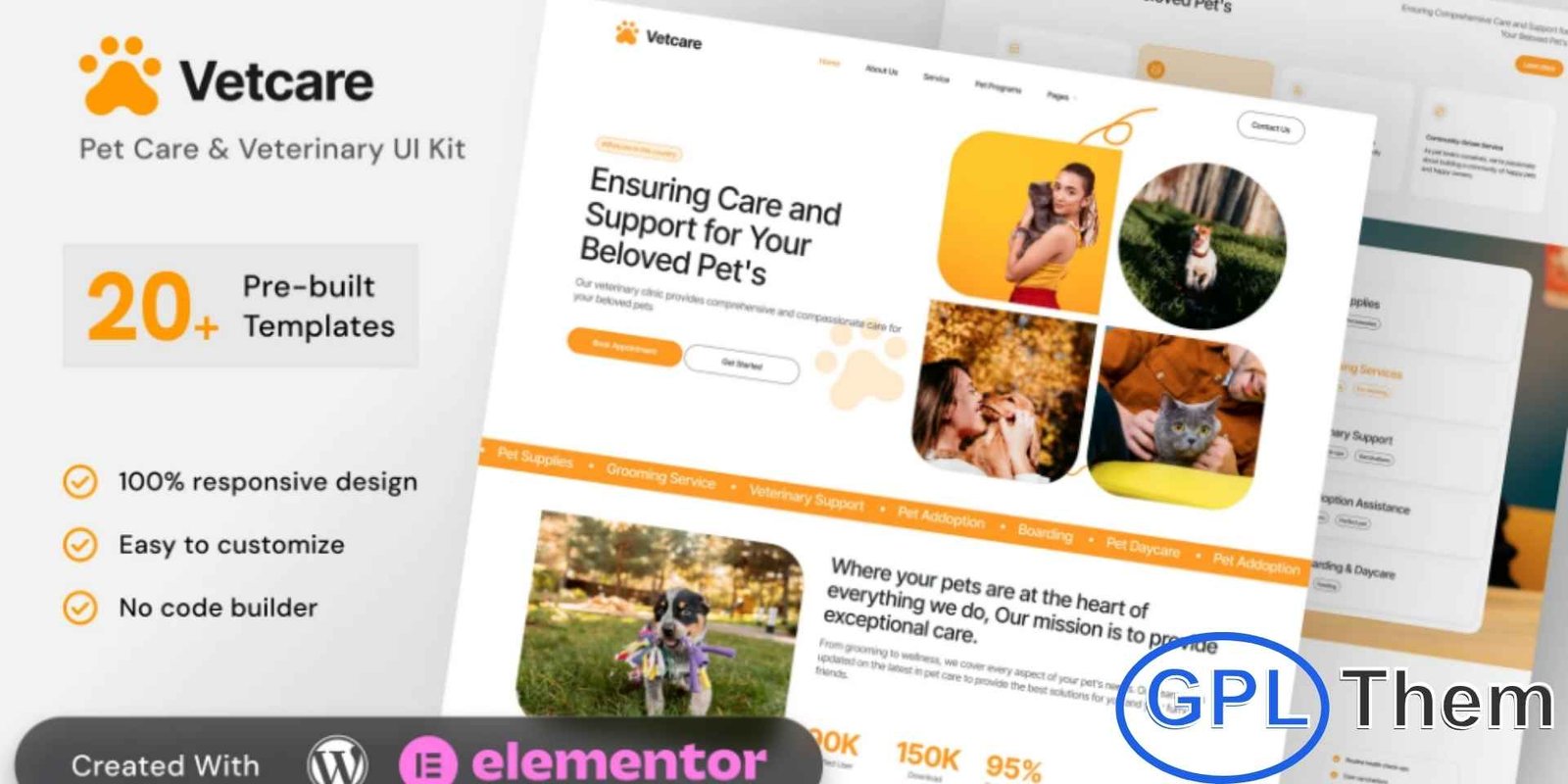 Vetcare – Pet Care & Veterinary Elementor Pro Template Kit Vetcare – Pet Care & Veterinary Elementor Pro Template Kit Vetcare is a beautifully designed Elementor Pro Template Kit created specifically for pet care and veterinary service websites. Perfect for animal shelters, pet boarding, dog daycare, grooming salons, and veterinary clinics, this kit allows you to build a professional and engaging online presence with ease. Designed for versatility, it helps you showcase all types of pet-related services without writing a single line of code.