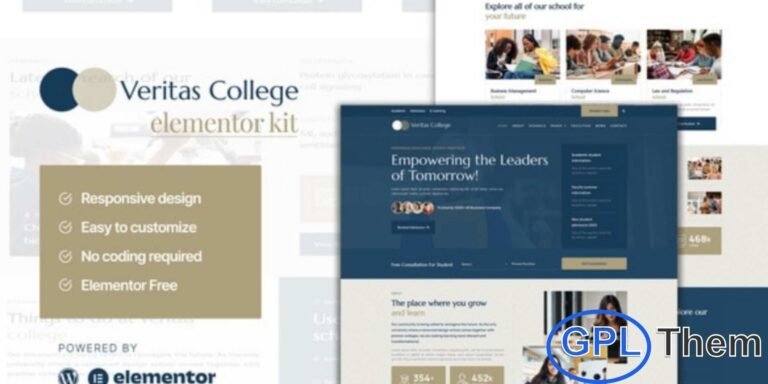 Veritas – University & School Elementor Template Kit Veritas is a professionally designed Elementor Template Kit crafted specifically for university, school, college, and educational institution websites. Featuring a clean, simple, and modern layout, this kit helps you build an academic site that looks professional, informative, and user-friendly. Built using the free version of Elementor, Veritas is easy to import, fully reusable, and requires no coding knowledge.