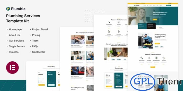 Plumble – Plumbing Services Elementor Template Kit Plumble is a sleek and modern Elementor Template Kit designed for plumbing, home repair, and general maintenance service websites. Ideal for plumbers, HVAC technicians, ventilation experts, and home care service providers, this kit helps you build a professional online presence with ease. Its clean layout and polished design ensure your services look trustworthy and high-quality.