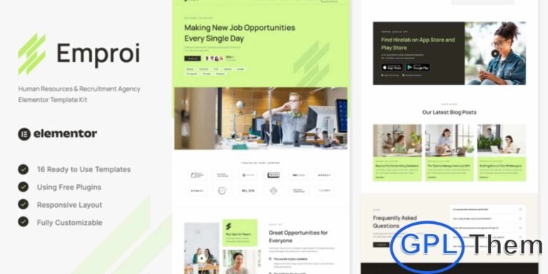Emproi – Human Resources & Recruitment Agency Elementor Template Kit Emproi is a modern and professional Elementor Template Kit crafted for Human Resources, Recruitment Agencies, Job Boards, Career Portals, and Job Listing websites. Designed with a clean, simple, and intuitive layout, this kit makes it easy to showcase job vacancies, recruitment services, career guidance, and HR solutions.