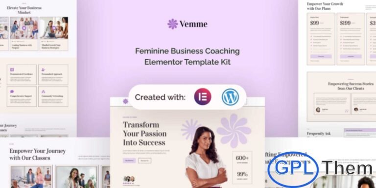 Vemme – Feminine Business Coaching Elementor Template Kit Vemme is a beautifully crafted Feminine Business Coaching Elementor Template Kit designed for business coaches, mentors, and consultants—especially those dedicated to supporting and empowering women entrepreneurs. With its sleek, elegant, and professional design, Vemme helps you build a polished coaching website that reflects credibility and inspires trust.