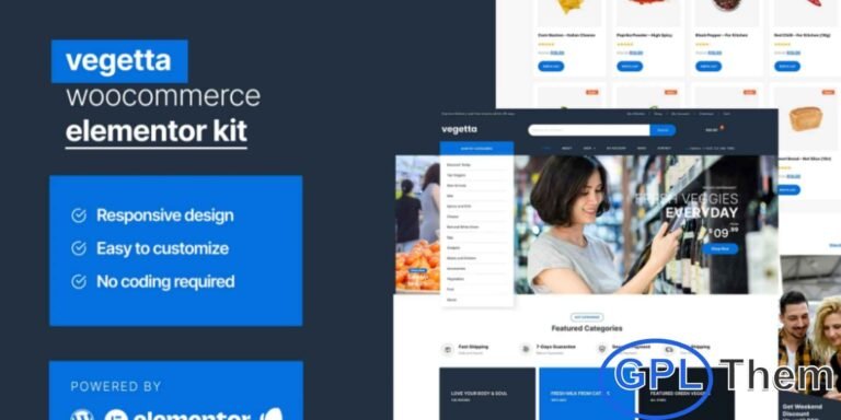 Vegetta – Supermarket Multipurpose WooCommerce Elementor Kit Vegetta is a versatile WooCommerce Elementor Template Kit designed for supermarkets, grocery stores, retail shops, and multipurpose e-commerce websites. Built to work smoothly with Elementor and the Hello Theme, this kit helps you create a clean, modern, and fully responsive online store without coding.