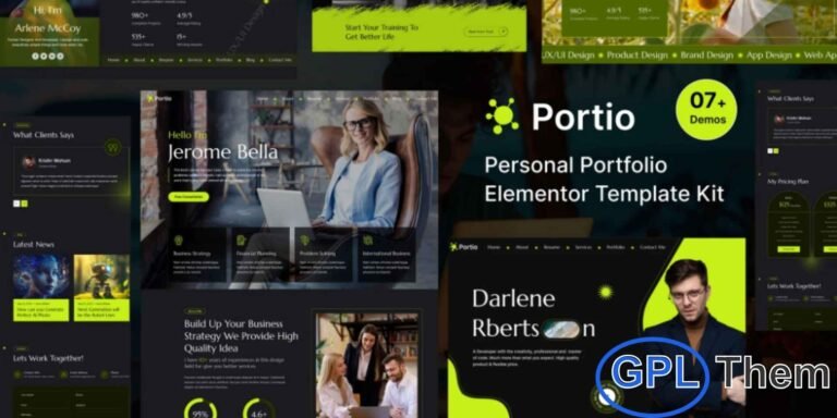 Portio – Portfolio Elementor Template Kit Portio is a modern and stylish Portfolio Elementor Template Kit designed to help you build a professional online presence with ease. Perfect for creatives, freelancers, agencies, and business professionals, this kit delivers a clean, polished aesthetic that elevates your brand. It includes a fully structured design system along with expertly curated imagery, giving your website a premium and cohesive look from the start.