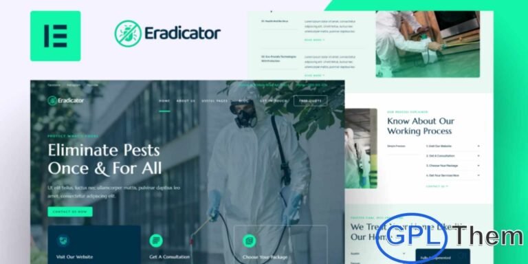 Eradicator – Pest Control Services Elementor Pro Template Kit Eradicator is a powerful and professionally designed Elementor Pro Template Kit created specifically for pest control companies and extermination service providers. Whether you offer residential pest removal, commercial extermination, or specialized treatment services, this kit provides clean, modern, and high-impact layouts to showcase your expertise.