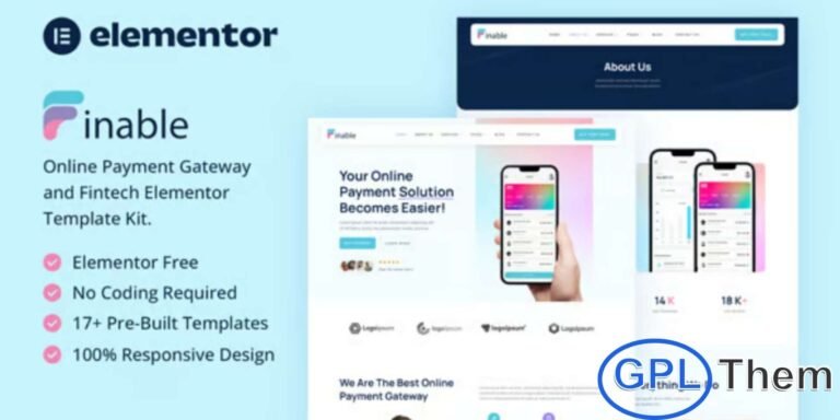 Finable – Online Payment Gateway & Fintech Elementor Template Kit Finable is a premium Elementor Template Kit designed to help you build a modern and professional financial website with ease. Perfect for online payment gateways, fintech startups, and digital finance platforms, this kit delivers sleek layouts and a smooth user experience tailored for today’s fast-growing financial sector.