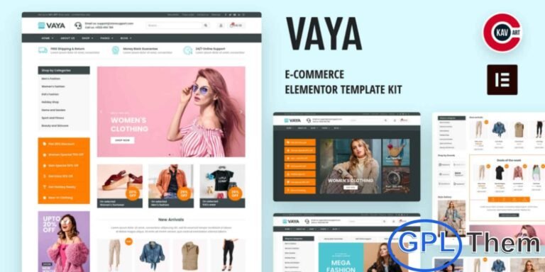 Vaya – E-commerce & WooCommerce Elementor Template Kit Vaya is a modern and versatile Elementor Template Kit designed specifically for WooCommerce and e-commerce businesses. With Vaya, you can quickly create a stunning online store to showcase and sell your products. Its fully responsive, professional design ensures your website looks perfect on all devices. Ideal for fashion shops, boutiques, and online stores, Vaya comes with pre-built layouts for product pages, shop pages, and sales promotions, making it easy to launch your e-commerce business without coding.