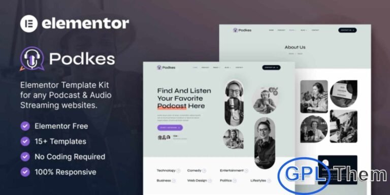 Podkes – Podcast & Audio Streaming Elementor Template Kit Podkes is a modern and fully-featured Elementor Template Kit designed for podcasters, audio streaming services, radio stations, and podcasting networks. Its professional layout and intuitive design make it easy to showcase episodes, playlists, hosts, and media content effectively. Perfect for online radio, internet radio, and multimedia platforms, Podkes provides a polished and engaging online presence for your audience.