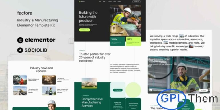 Factora – Industry & Manufacturing Elementor Template Kit Factora is a professionally designed Elementor Template Kit built to help you create a modern, high-quality Industry & Manufacturing website with ease. Perfect for businesses in industrial production, manufacturing, factory services, construction, engineering, processing, and other related sectors, this kit offers a clean and contemporary design that elevates your online presence.