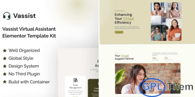 Vassist – Virtual Assistant Elementor Pro Template Kit Vassist is a professional Elementor Pro Template Kit designed for Virtual Assistant services, agencies, and remote support businesses. With a clean, modern, and minimalist design, Vassist provides a seamless platform to showcase your expertise, highlight services, and attract clients. Its fully responsive layouts and easy-to-use Elementor customization make it simple to build a polished, professional website without any coding.