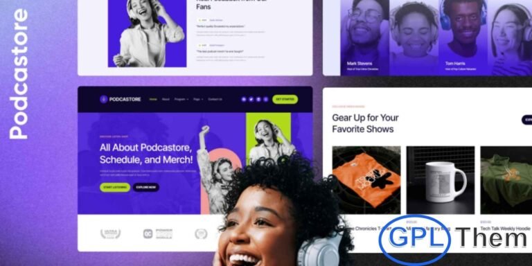 Podcastore – Podcast & Merch Store Elementor Template Kit Podcastore is a vibrant and professional Elementor Template Kit designed for podcasters, content creators, talent agencies, labels, and broadcasters. This kit provides a bright, engaging platform to showcase podcasts, merchandise, educational programs, and online content effectively. With its colorful and welcoming homepage, Podcastore ensures visitors enjoy an inviting and memorable browsing experience.