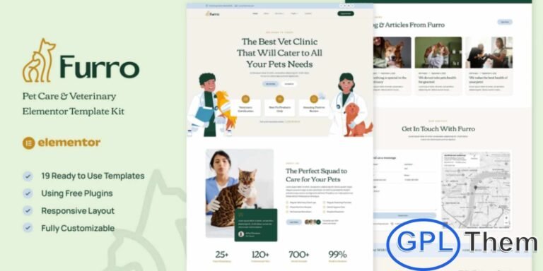 Furro – Pet Care & Veterinary Elementor Template Kit Furro is a professionally designed Elementor Template Kit tailored for pet care businesses, veterinary clinics, pet salons, daycare centers, pet hospitals, and pet stores. Featuring a clean, modern, and visually appealing design, Furro makes it easy to build a professional online presence that highlights your services, team, and facilities.
