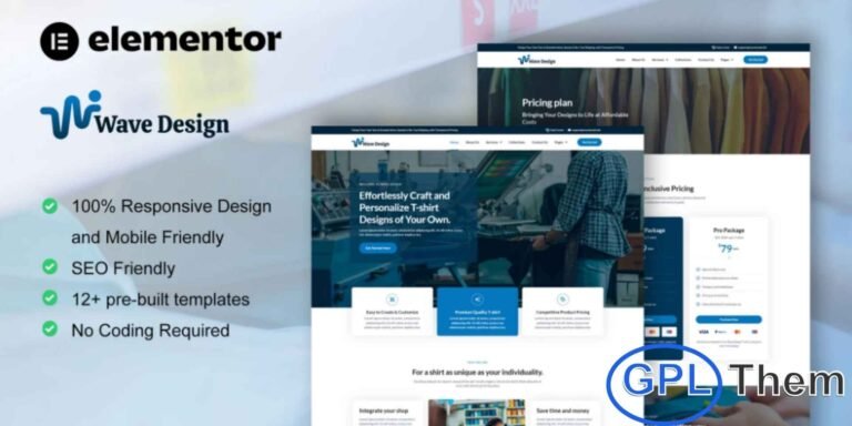 WaveDesign – T-Shirt Design & Printing Service Elementor Pro Template Kit WaveDesign is a stylish and modern Elementor Pro Template Kit created specifically for custom T-shirt design and printing service websites. Whether you offer personalized apparel, print-on-demand products, or branding merchandise, this kit provides everything you need to build a professional online presence with ease.