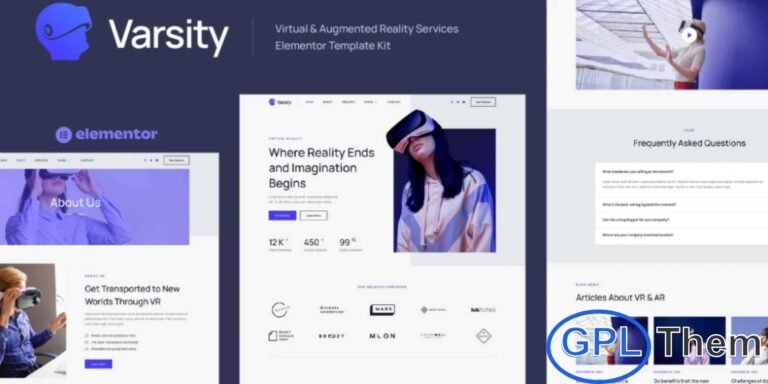 Varsity – Virtual & Augmented Reality Services Elementor Template Kit Varsity is a modern and creative Elementor Template Kit designed for businesses in Virtual Reality, Augmented Reality, gaming, esports, crypto, metaverse, and other tech-related industries. With a clean, minimalist layout and 100% responsive design, Varsity ensures your website looks stunning on any device.