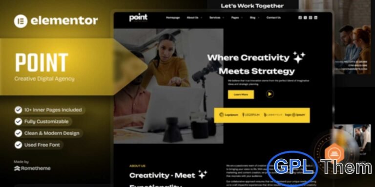 Point – Creative Digital Agency Elementor Template Kit Point is a modern and versatile Elementor Template Kit designed specifically for creative digital agencies, freelancers, and startups. Ideal for advertising agencies, marketing firms, design studios, and portfolio websites, this kit offers a professional and visually striking layout to showcase your services and projects.
