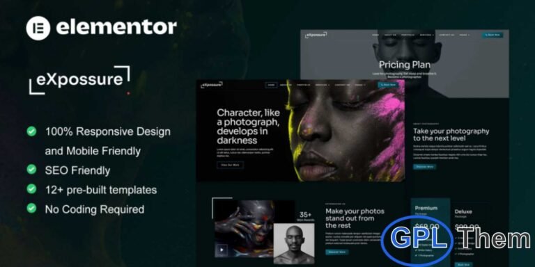 Expossure – Photography & Portfolio Elementor Template Kit Expossure is a modern Elementor Template Kit designed for photography and creative portfolio websites. With 12 pre-built templates featuring a stylish dark theme and sleek, artistic design, it provides the perfect platform to showcase your work professionally.